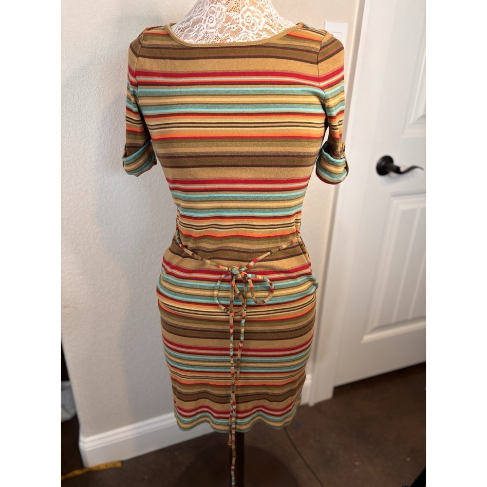 Lauren Ralph Lauren Striped Knit Cotton Dress W/ Tie Belt Roll Tab Sleeves Med